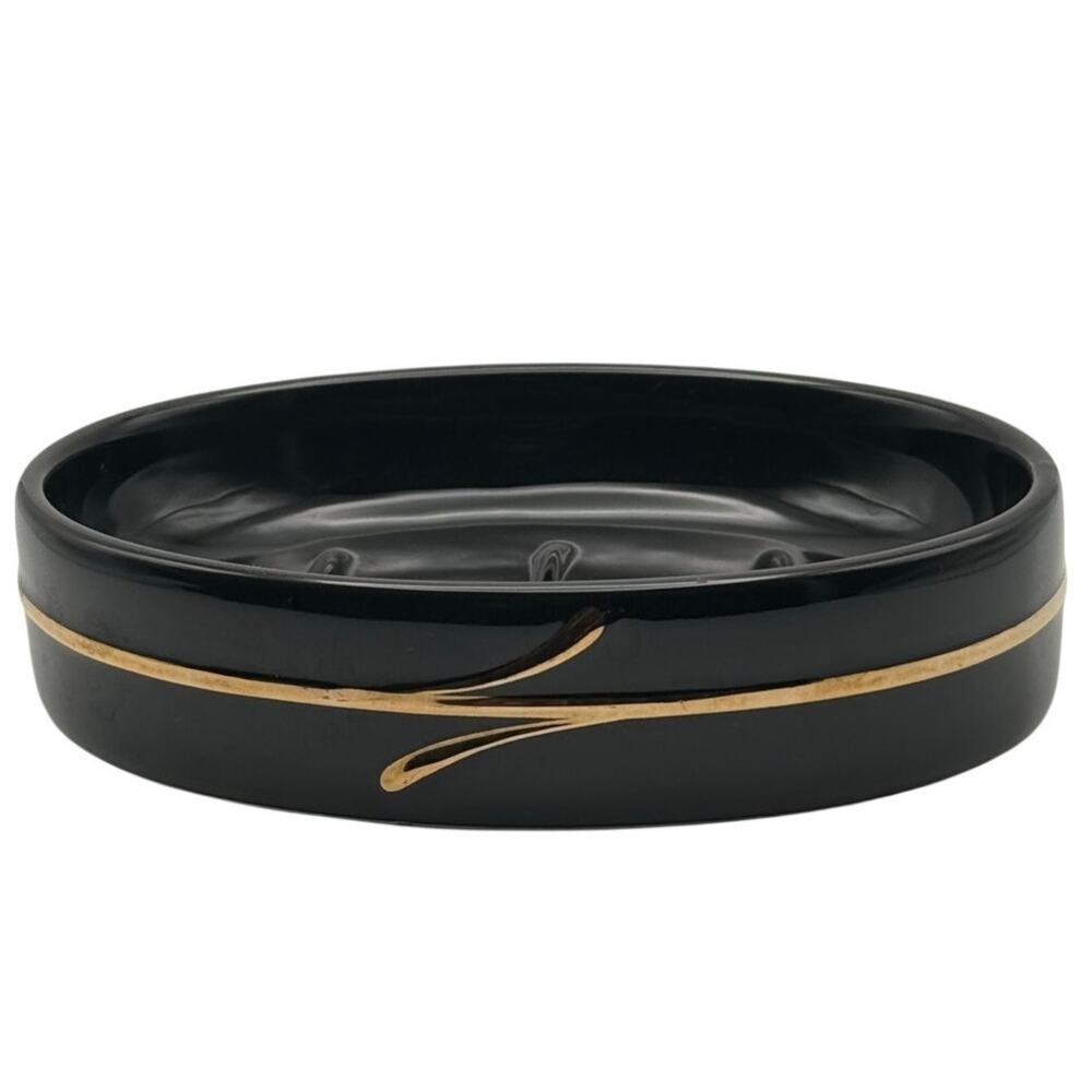 Vintage 90s Black Ceramic Soap Dish with Gold Accent Bathroom Vanity Holder